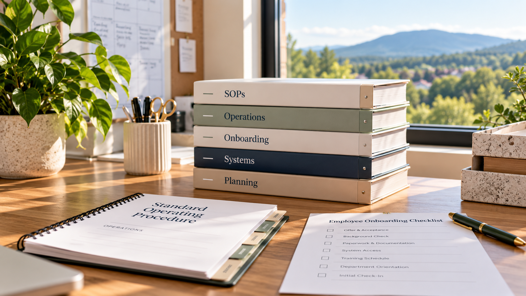 Organized operations workspace with SOP binders and business process documentation